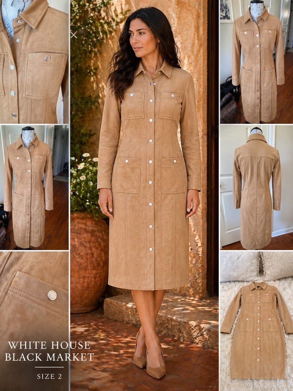 White House Black Market Camel Suede Midi Dress Size 2